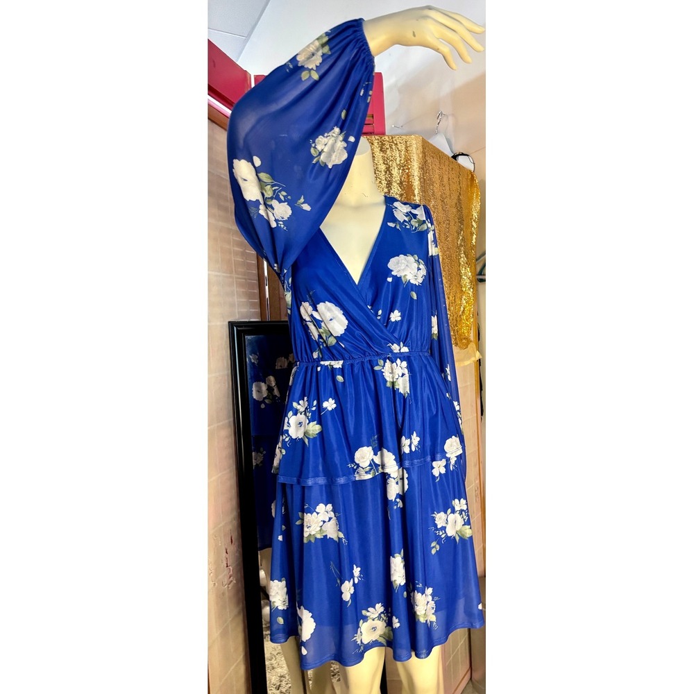 Morgan & Taylor Royal Blue Floral Tiered Long Sleeve V-Neck Dress Size 2